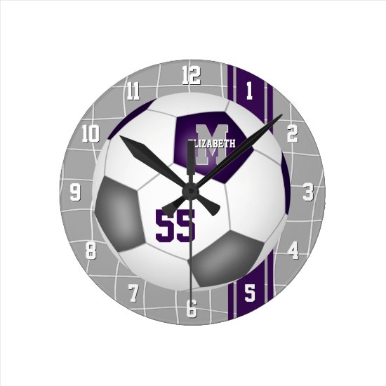 purple gray team colors varsity stripes soccer round clock