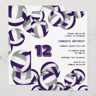 purple gray team colors volleyball birthday party invitation