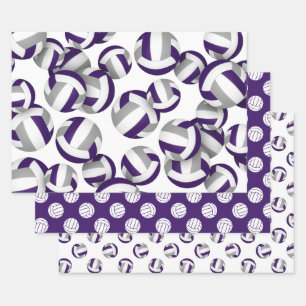 purple gray team colors volleyballs set of 3 wrapping paper sheets