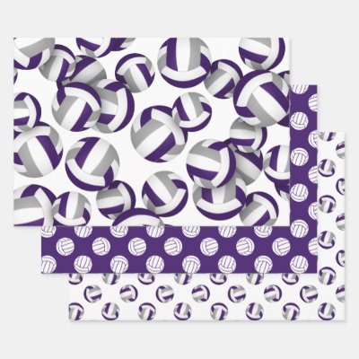 purple gray team colors volleyballs set of 3 wrapping paper sheets