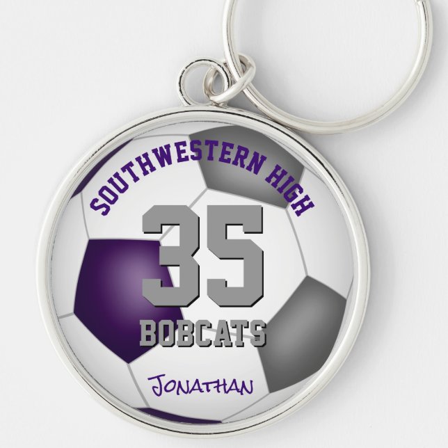 purple gray team player name girls boys soccer keychain (Front)