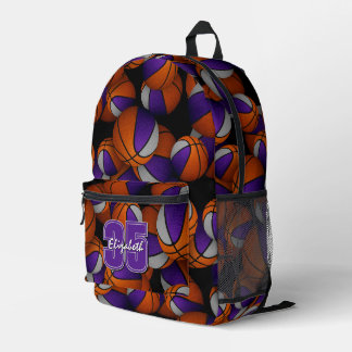 Purple gray team sports basketballs pattern printed backpack