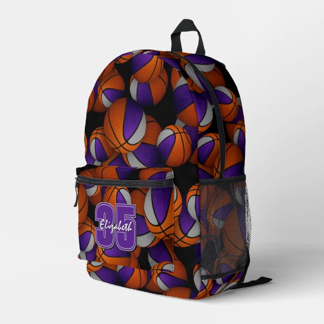 Purple gray team sports basketballs pattern printed backpack (Back Corner Right)