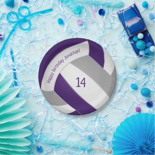 Purple gray teen volleyball party paper plates
