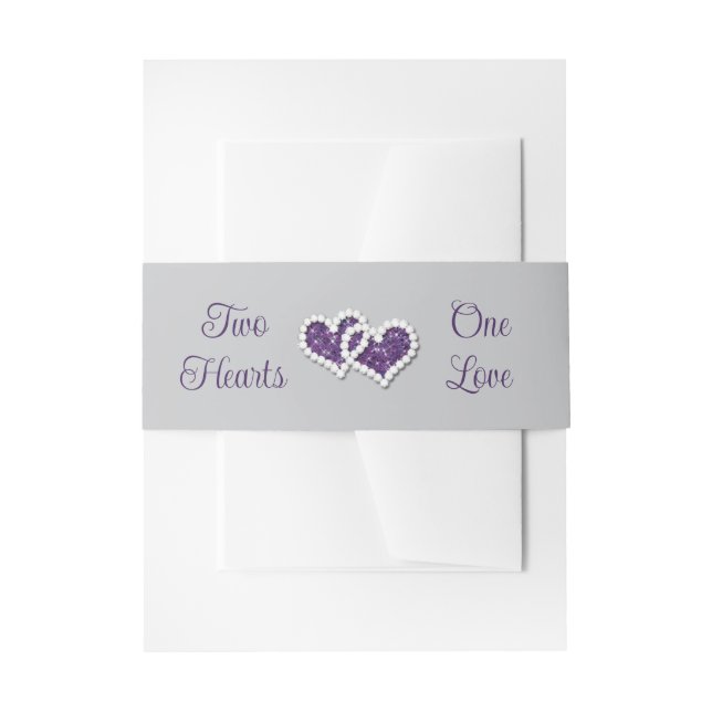 Purple, Gray Two Hearts, One Love Invitation Belly Band (Front Example)