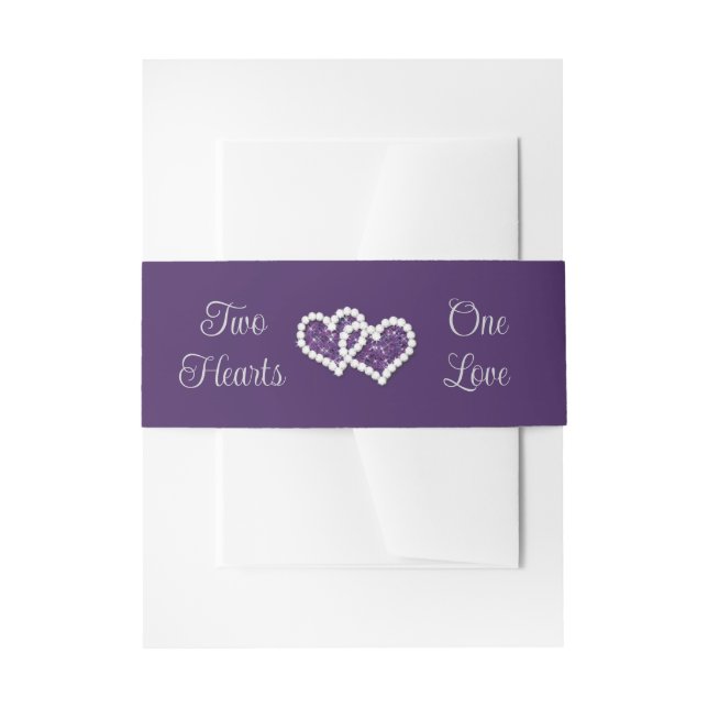 Purple, Gray Two Hearts, One Love Invitation Belly Band (Front Example)