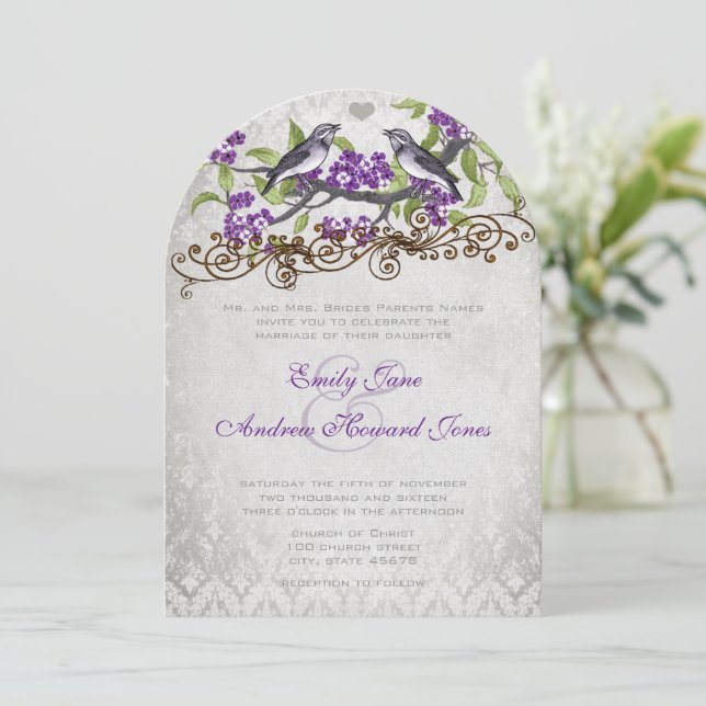 Purple & Gray Vintage Birds Damask Wedding Invite (Standing Front)