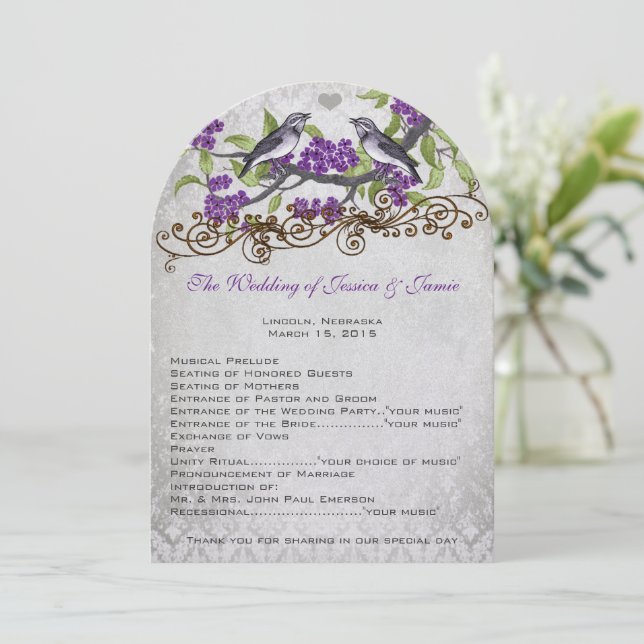 Purple & Gray Vintage Birds Damask Wedding Invite (Standing Front)
