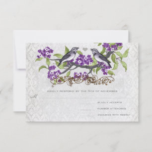 Purple & Gray Vintage Birds Damask Wedding Invite