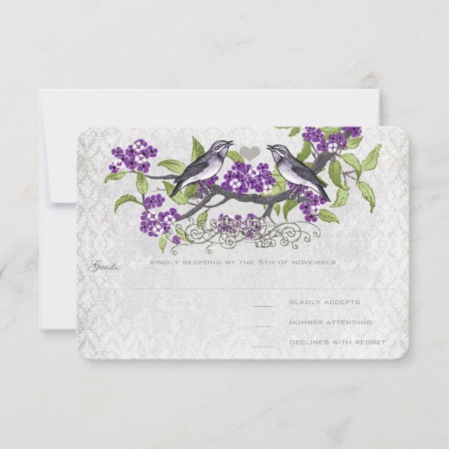 Purple & Gray Vintage Birds Damask Wedding RSVP Card (Front)