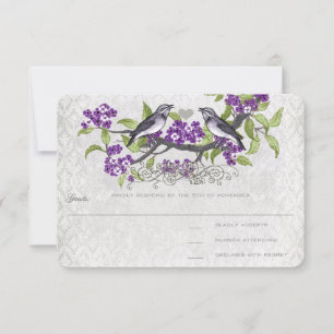Purple & Gray Vintage Birds Damask Wedding RSVP Card