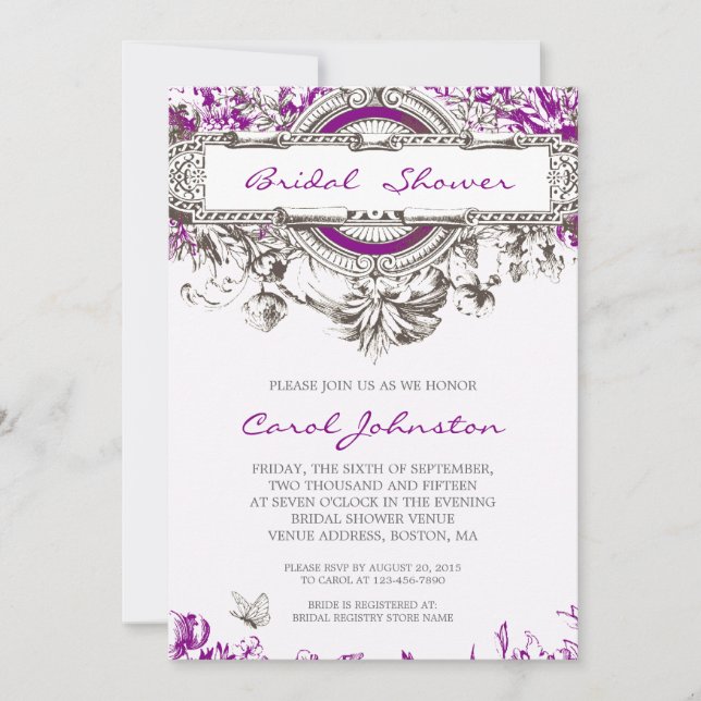 Purple Gray Vintage Floral Bridal Shower Invitation (Front)