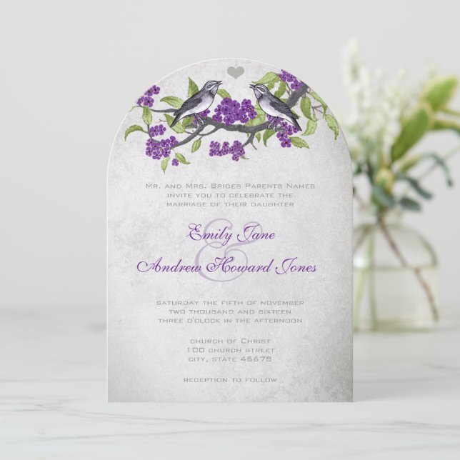 Purple & Gray Vintage Love Birds Wedding Invitation (Standing Front)
