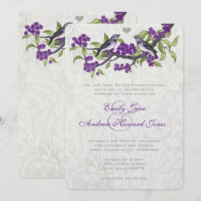 Purple & Gray Vintage Love Birds Wedding Invite (Front/Back)