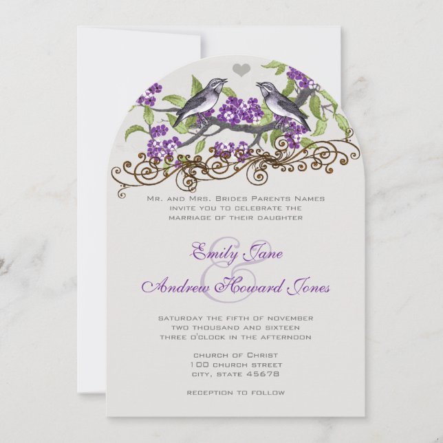 Purple & Gray Vintage Love Birds Wedding Invite (Front)