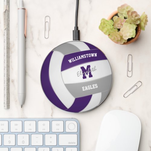 purple gray volleyball athlete team name monogram wireless charger 