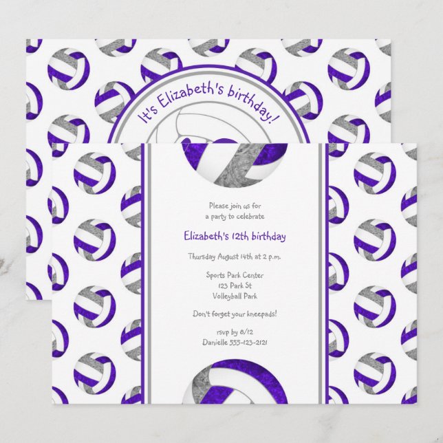 purple gray volleyball girl's birthday party invitation (Front/Back)