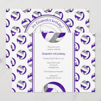 purple gray volleyball girl's birthday party invitation