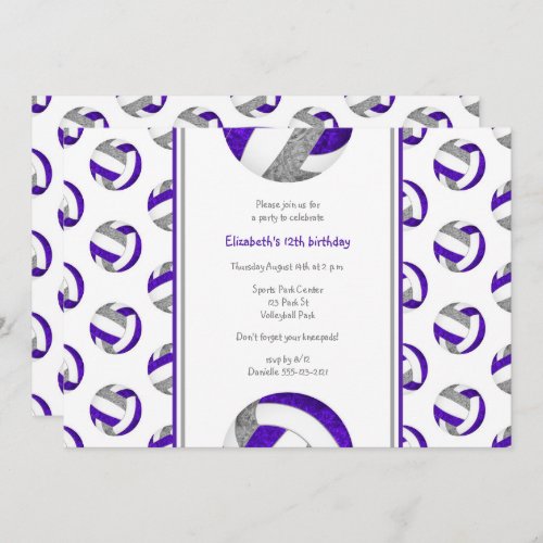 purple gray volleyball girls birthday party invitation