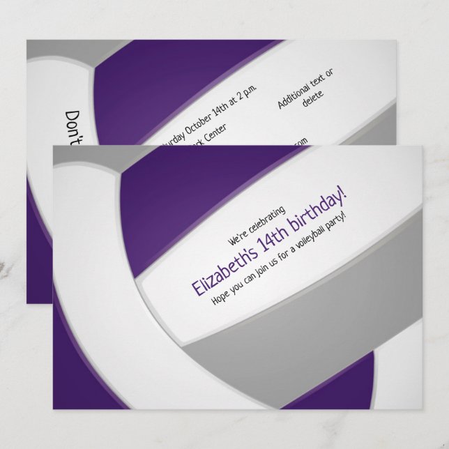 purple gray volleyball girls boys birthday party invitation (Front/Back)
