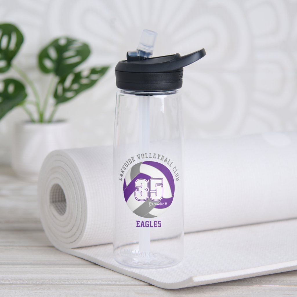purple gray volleyball team colors boys girls water bottle