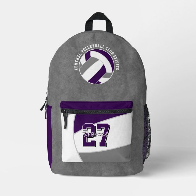 purple gray volleyball team colors team name printed backpack (Front)