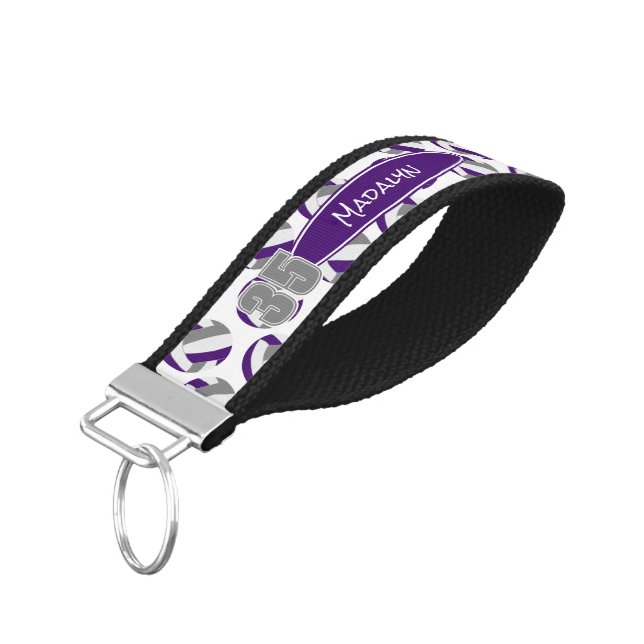 purple gray volleyballs athlete name wrist keychain (Angled Down)