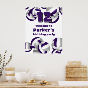 purple gray volleyballs birthday party welcome poster