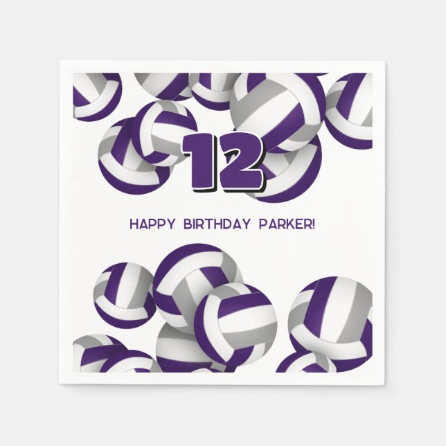 purple gray volleyballs kids birthday party napkins (Front)