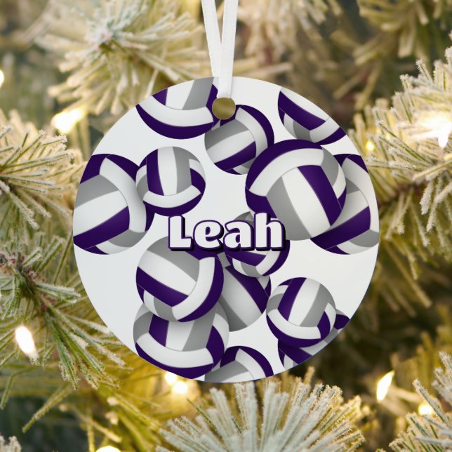 purple gray volleyballs with athlete name keepsake metal ornament (Insitu)