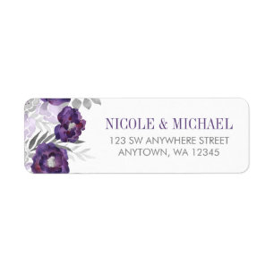 Purple Gray Watercolor Flowers Return Address Label