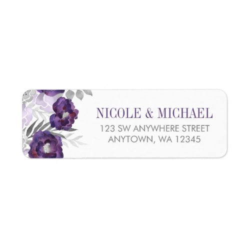 Purple Gray Watercolor Flowers Return Address Label