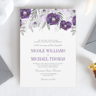Purple Gray Watercolor Flowers Wedding Invitations