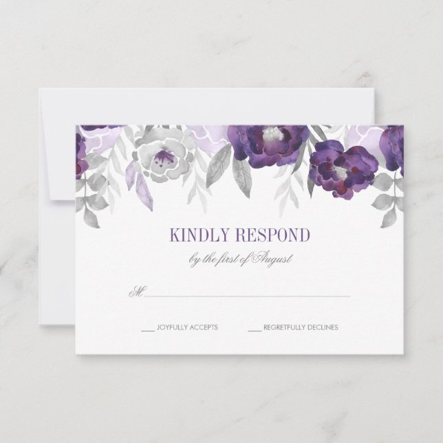 Purple Gray Watercolor Flowers Wedding RSVP Card (Front)