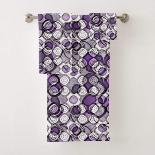 Purple Gray White Abstract Black Circles Bath Towel Set