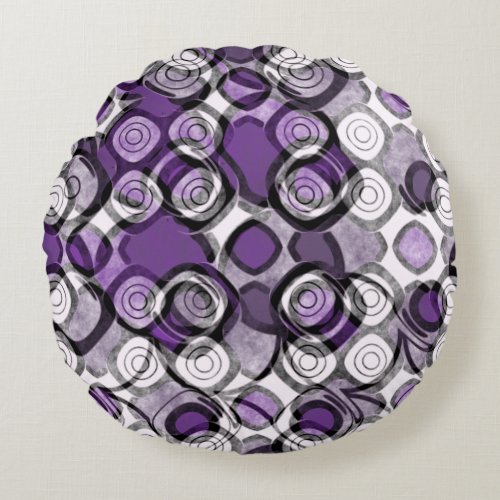 Purple Gray White Abstract Black Circles Round Pillow