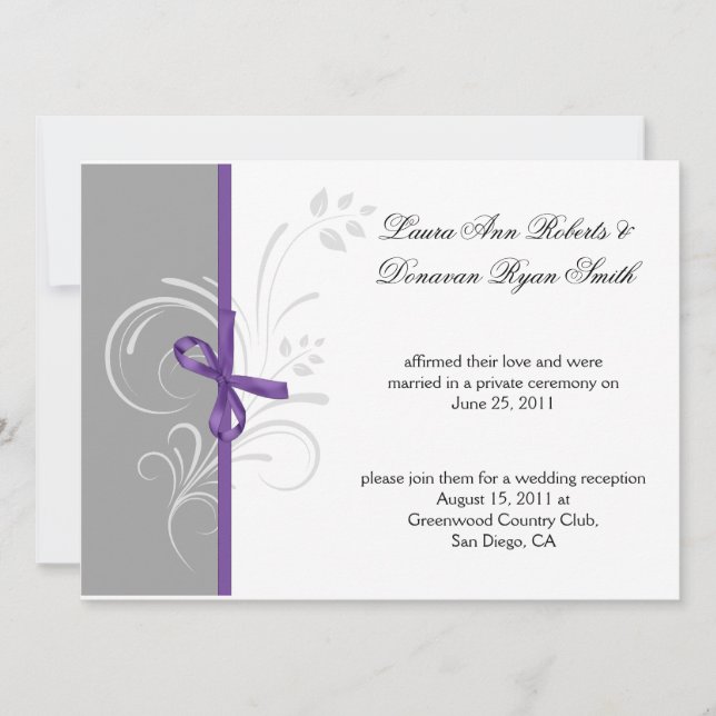 Purple Gray White Floral Swirls Post Weddi Invitation (Front)