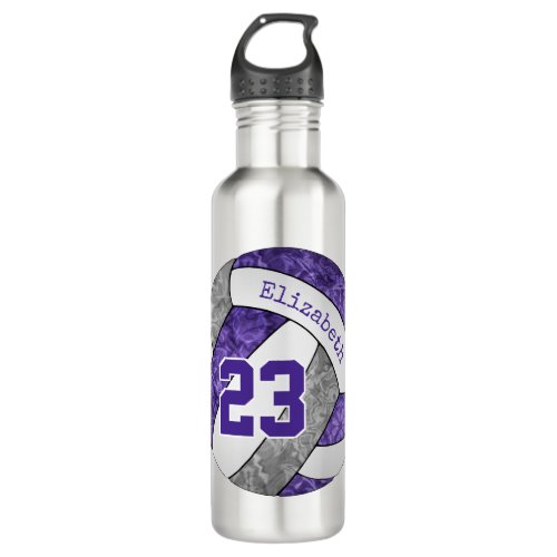 Purple gray white girls volleyball team colors stainless steel water bottle