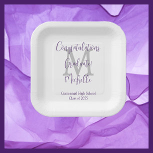 Purple Gray White Monogrammed Graduation Party Paper Plates