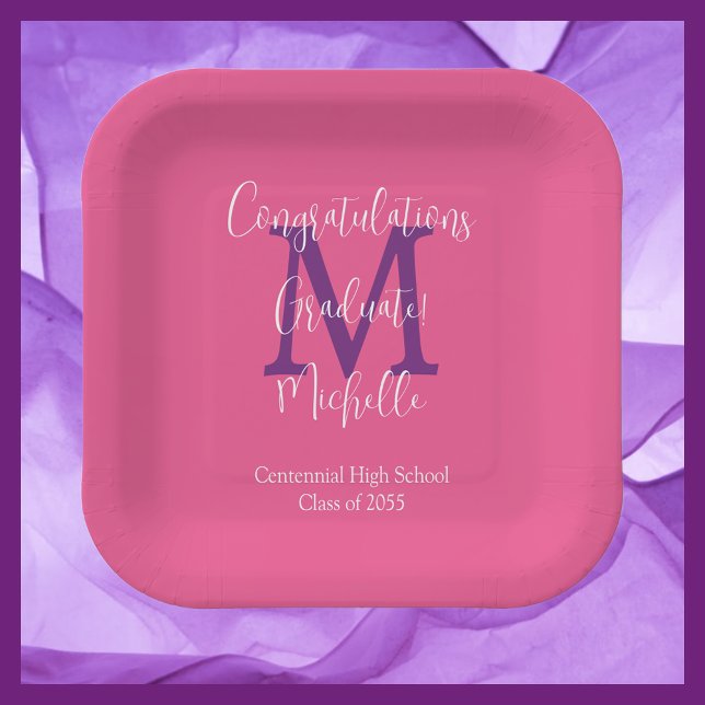 Purple Gray White Monogrammed Graduation Party Paper Plates (Creator Uploaded)