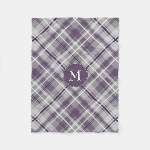 purple gray white plaid pattern monogrammed fleece blanket