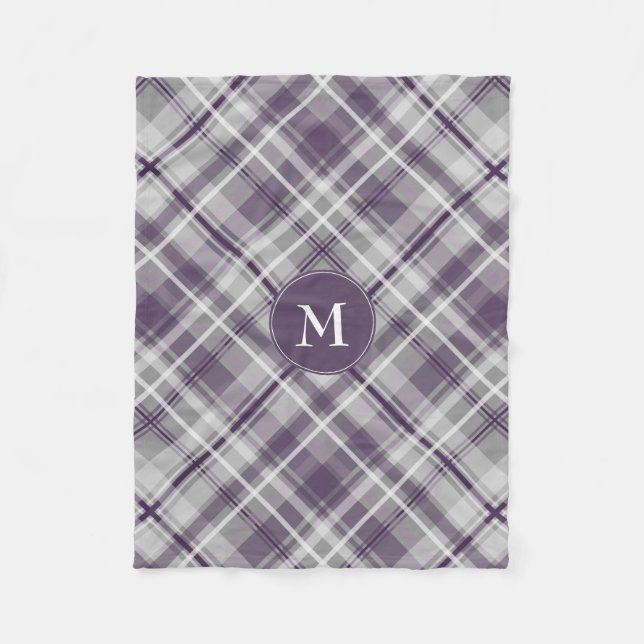purple gray white plaid pattern monogrammed fleece blanket (Front)