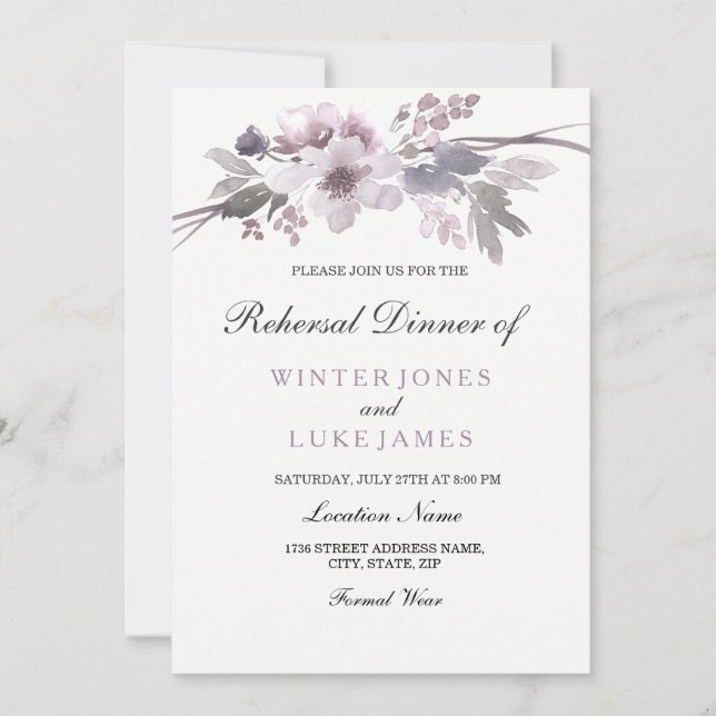 Purple Gray Winter Floral Wedding Rehearsal Dinner Invitation (Front)