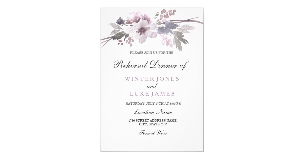 Purple Gray Winter Floral Wedding Rehearsal Dinner Invitation
