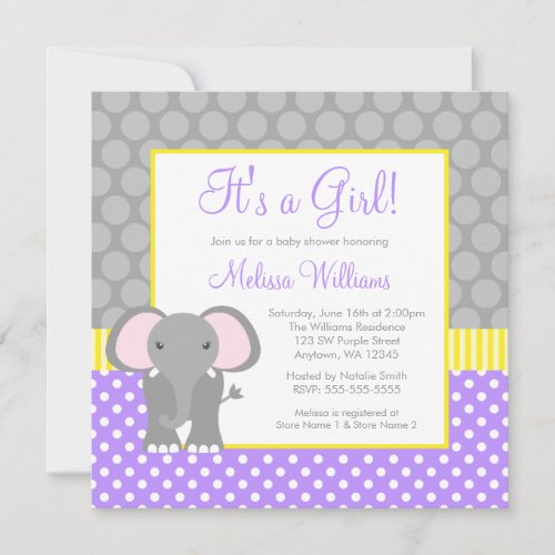 Purple Gray Yellow Elephant Girl Baby Shower Custom Invite