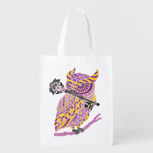 Purple Great Horned Owl Grocery Bag