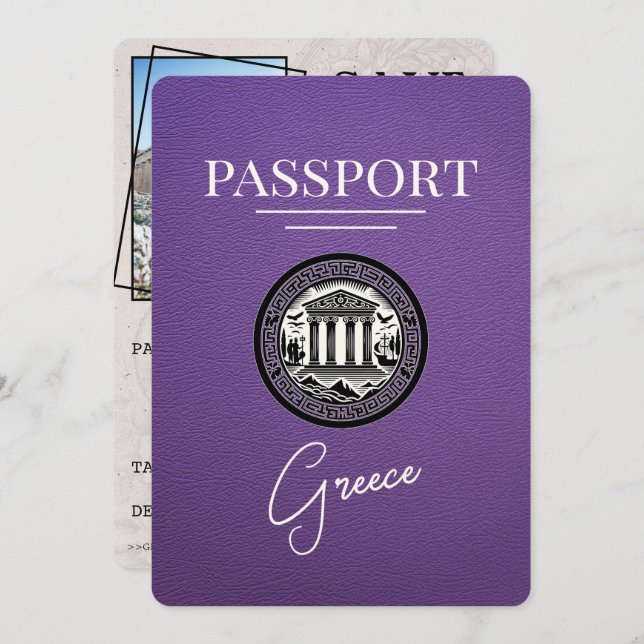 Purple Greece Passport Save the Date Card (Front/Back)