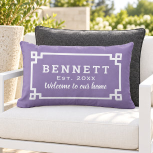 Purple Greek Key Monogram Welcome Lumbar Pillow