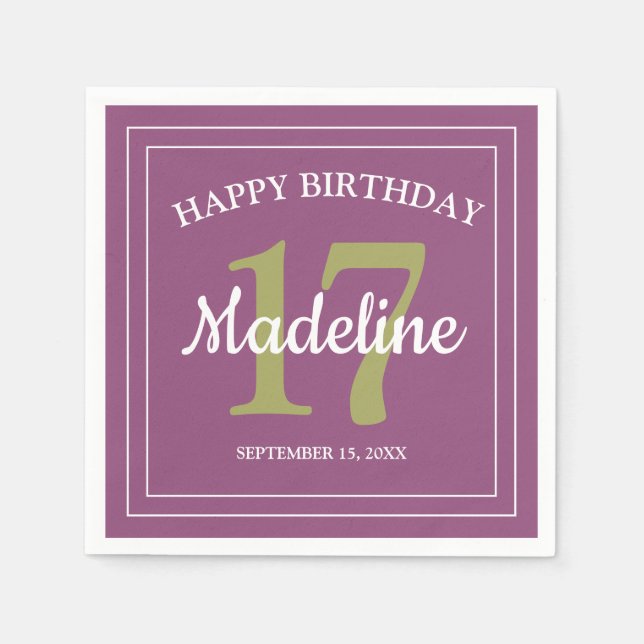 Purple Green 17th Birthday Party or Any Age Napkins (Front)