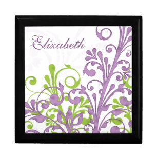 Purple Green Abstract Floral Personalized Jewelry Box